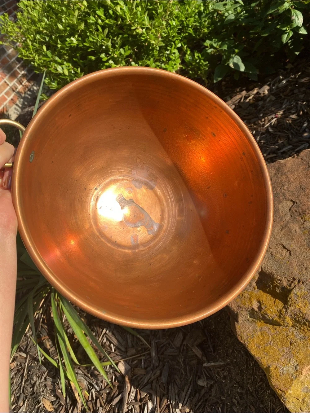 Vintage Copper 10” Mixing Bowl Rolled Edge Brass Hanging Ring